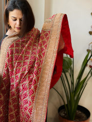 Red Handwoven NeemZari Bareek Bandhani with Meenakari and Dabka Handwork in Pure Georgette - Masakalee