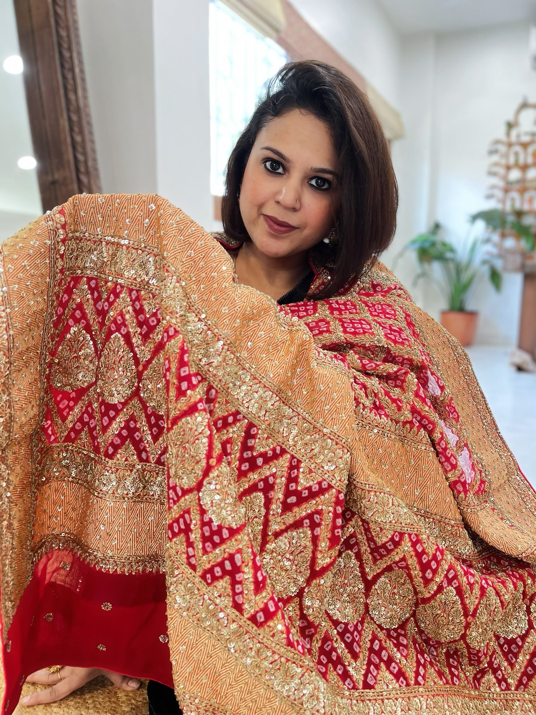 Red Handwoven NeemZari Bareek Bandhani with Meenakari and Dabka Handwork in Pure Georgette - Masakalee