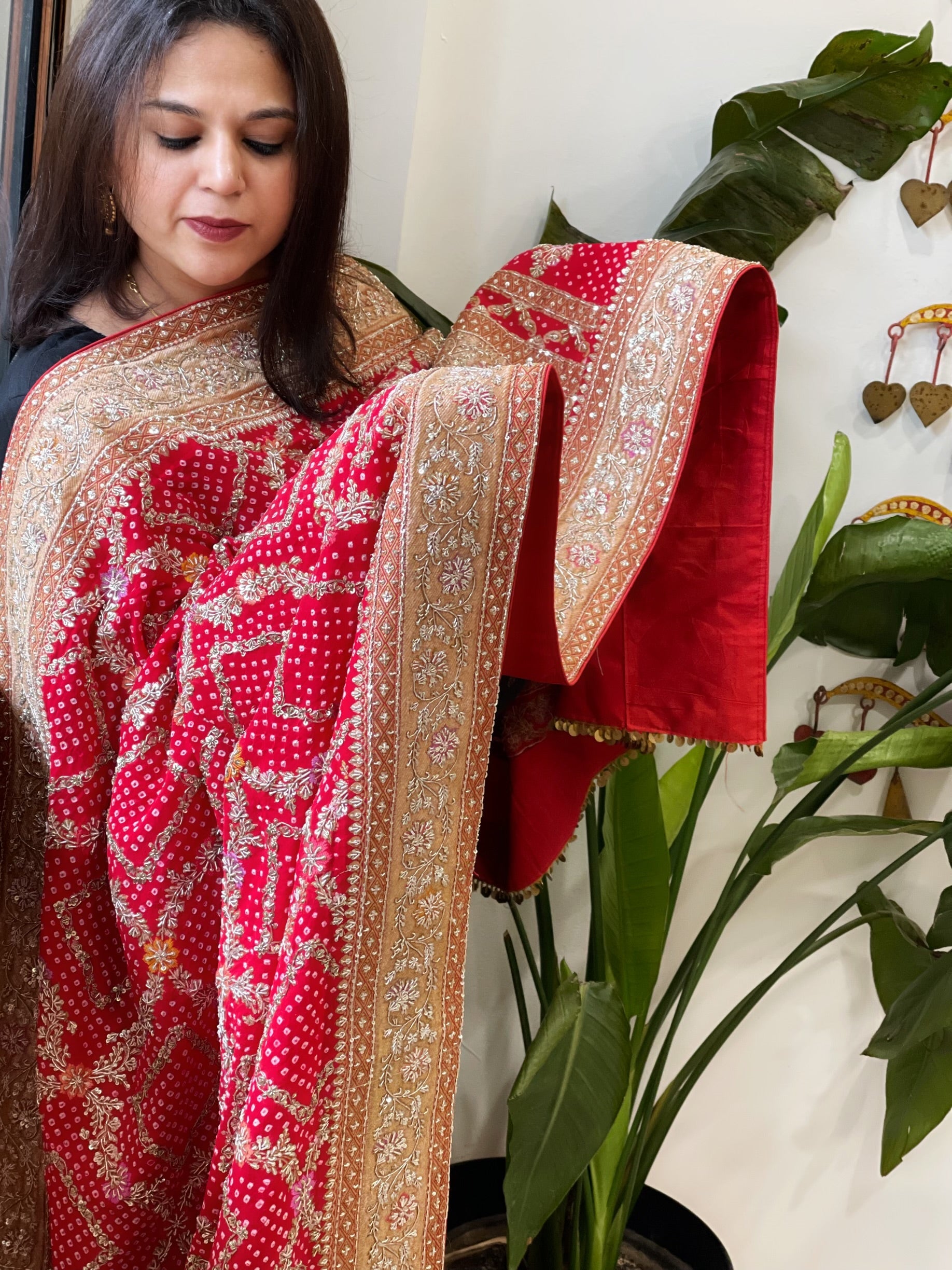 Red Handwoven NeemZari Bareek Bandhani with Meenakari and Dabka Handwork in Pure Georgette - Masakalee