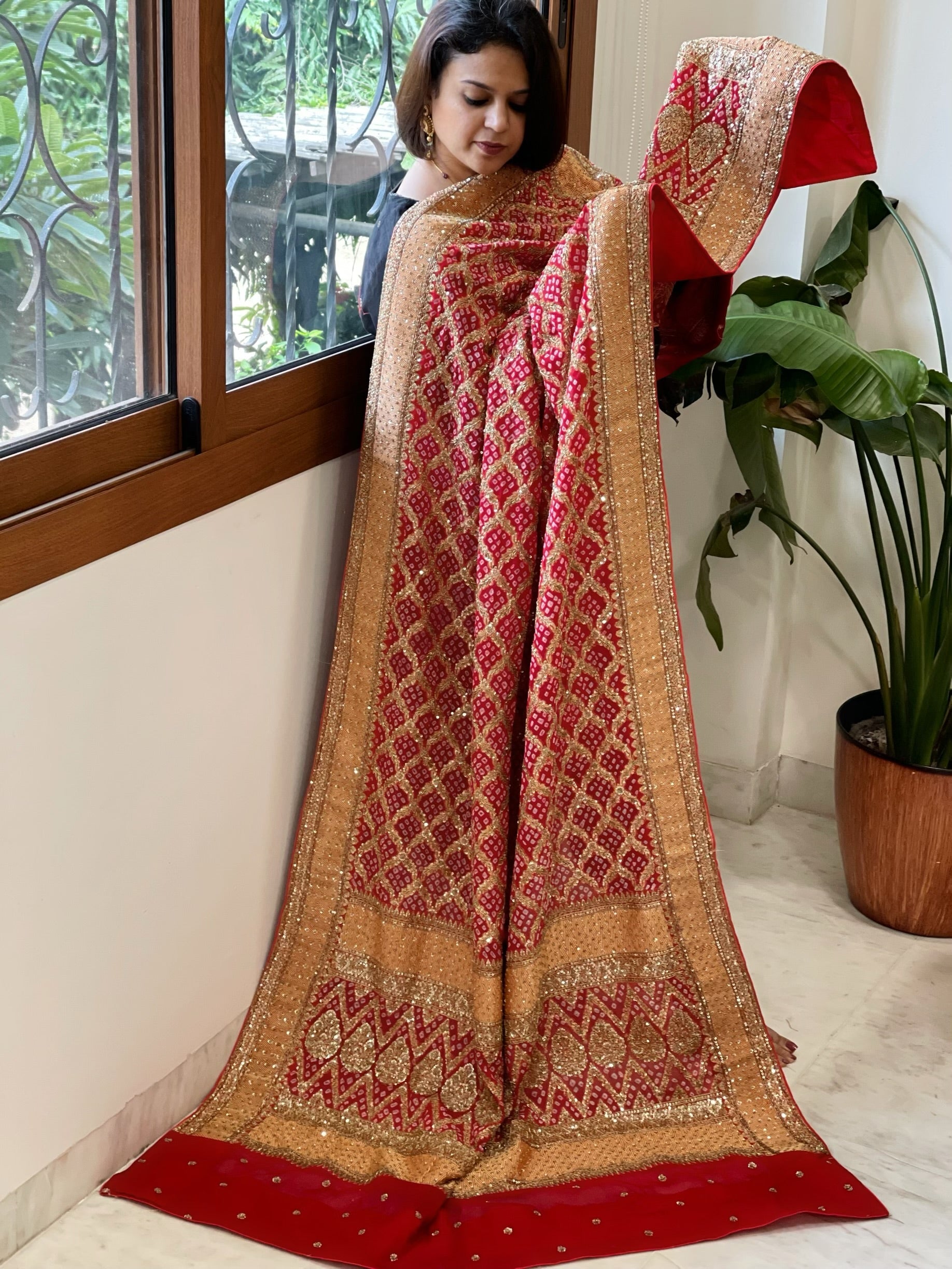 Red Handwoven NeemZari Bareek Bandhani with Meenakari and Dabka Handwork in Pure Georgette - Masakalee