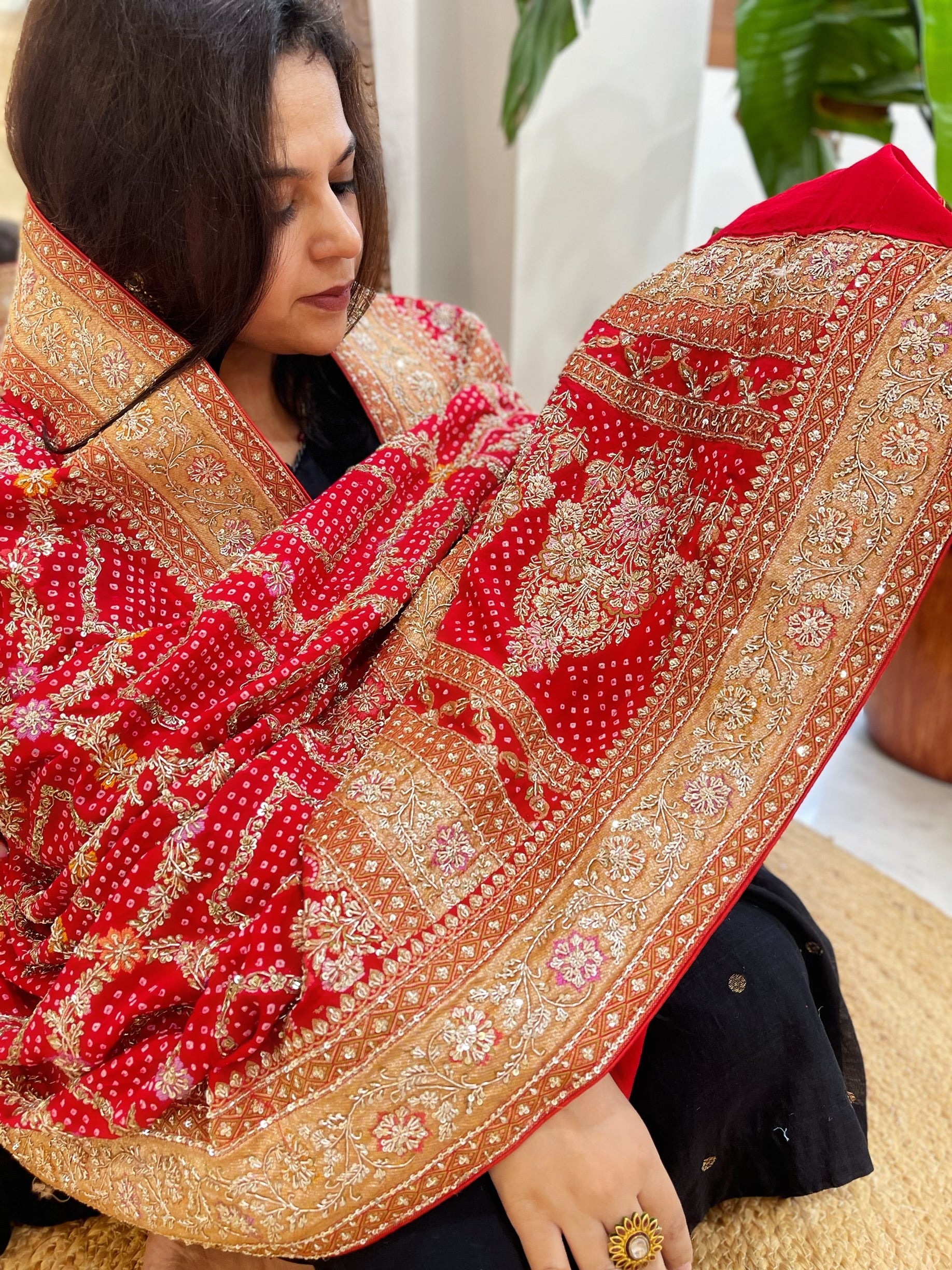 Red Handwoven NeemZari Bareek Bandhani with Meenakari and Dabka Handwork in Pure Georgette - Masakalee