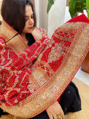 Red Handwoven NeemZari Bareek Bandhani with Meenakari and Dabka Handwork in Pure Georgette - Masakalee