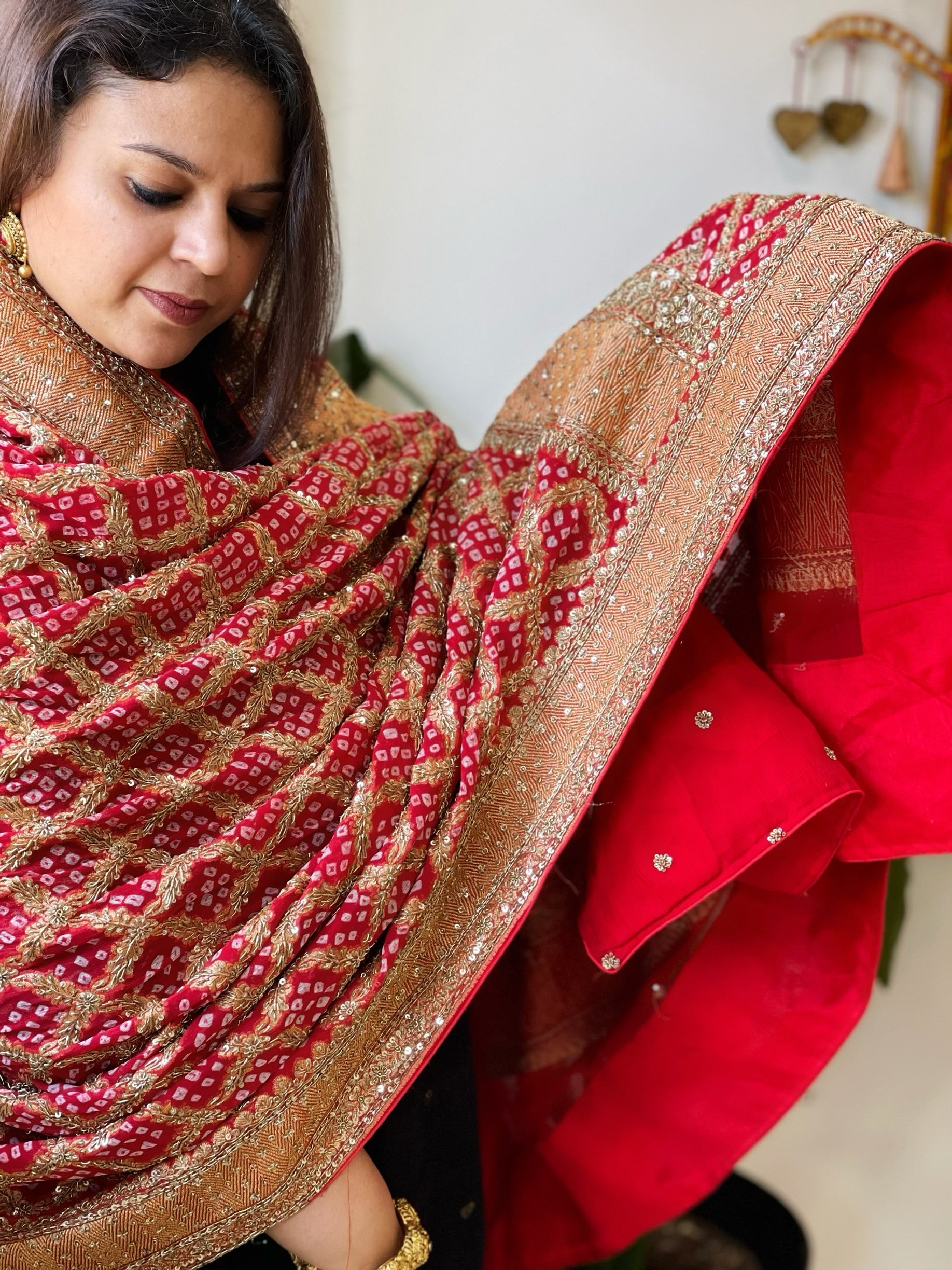 Red Handwoven NeemZari Bareek Bandhani with Meenakari and Dabka Handwork in Pure Georgette - Masakalee