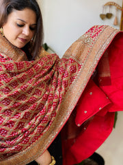 Red Handwoven NeemZari Bareek Bandhani with Meenakari and Dabka Handwork in Pure Georgette - Masakalee