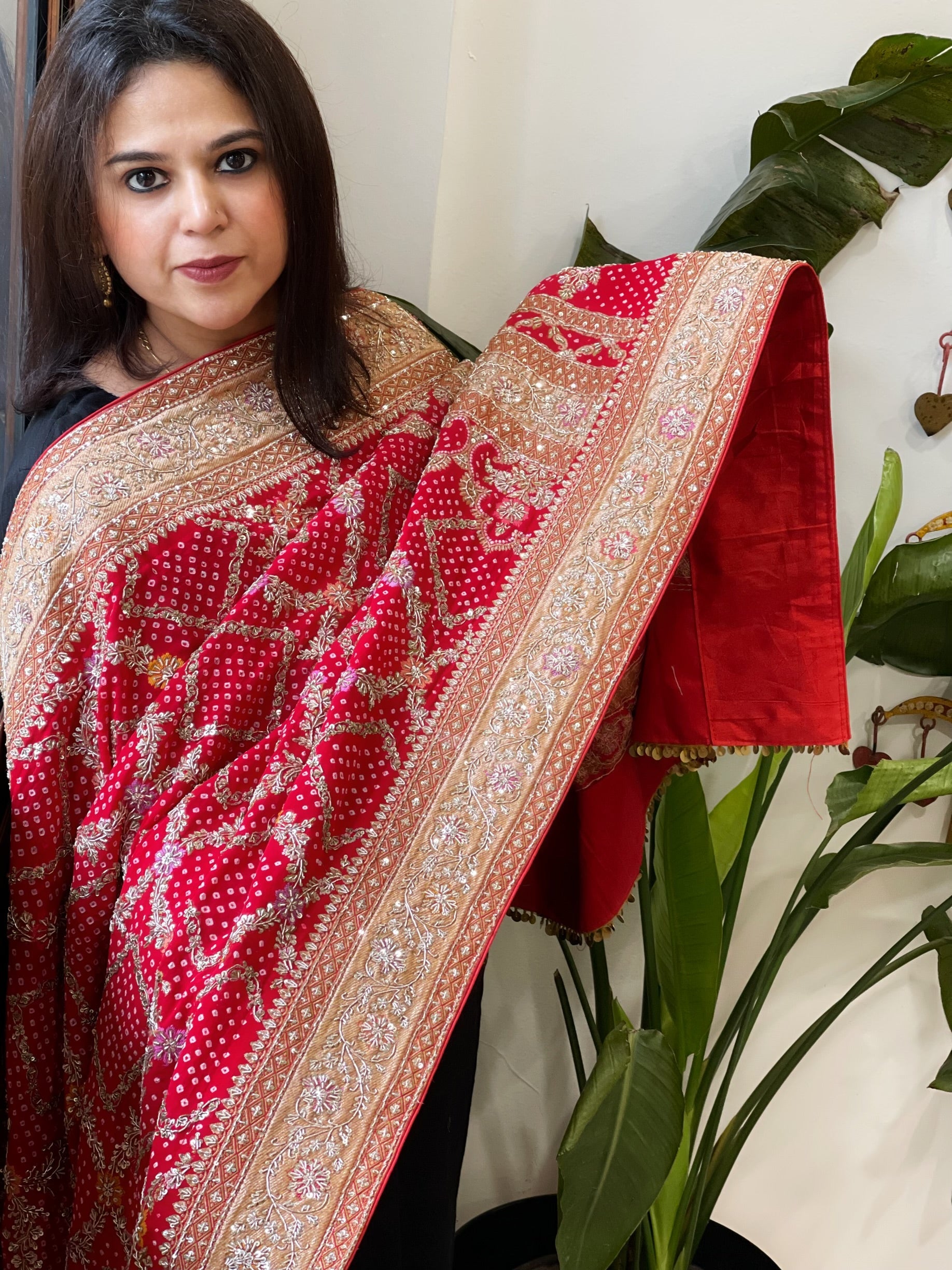 Red Handwoven NeemZari Bareek Bandhani with Meenakari and Dabka Handwork in Pure Georgette - Masakalee