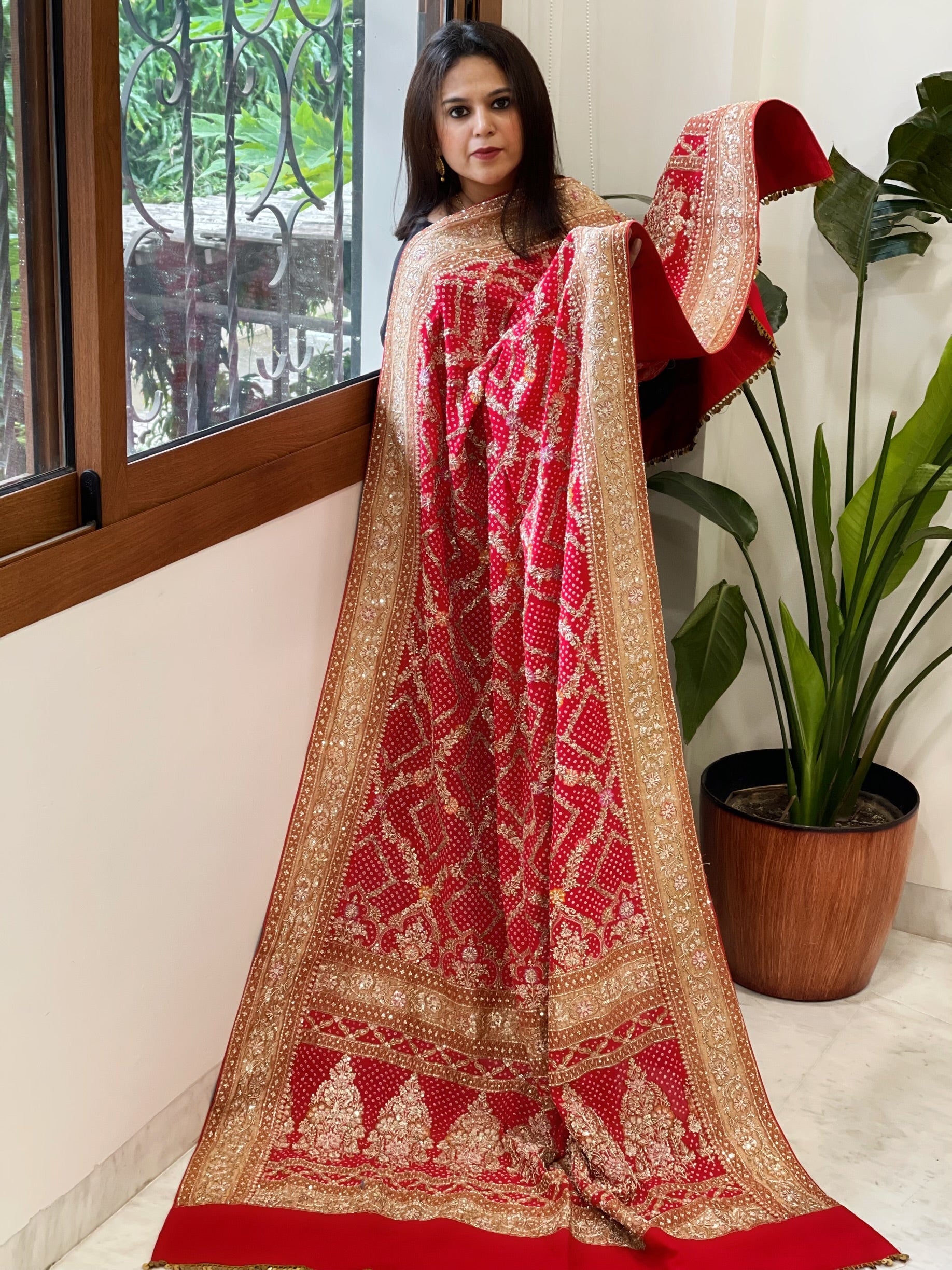 Red Handwoven NeemZari Bareek Bandhani with Meenakari and Dabka Handwork in Pure Georgette - Masakalee