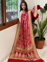 Red Handwoven NeemZari Bareek Bandhani with Meenakari and Dabka Handwork in Pure Georgette - Masakalee