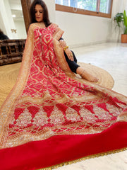 Red Handwoven NeemZari Bareek Bandhani with Meenakari and Dabka Handwork in Pure Georgette - Masakalee