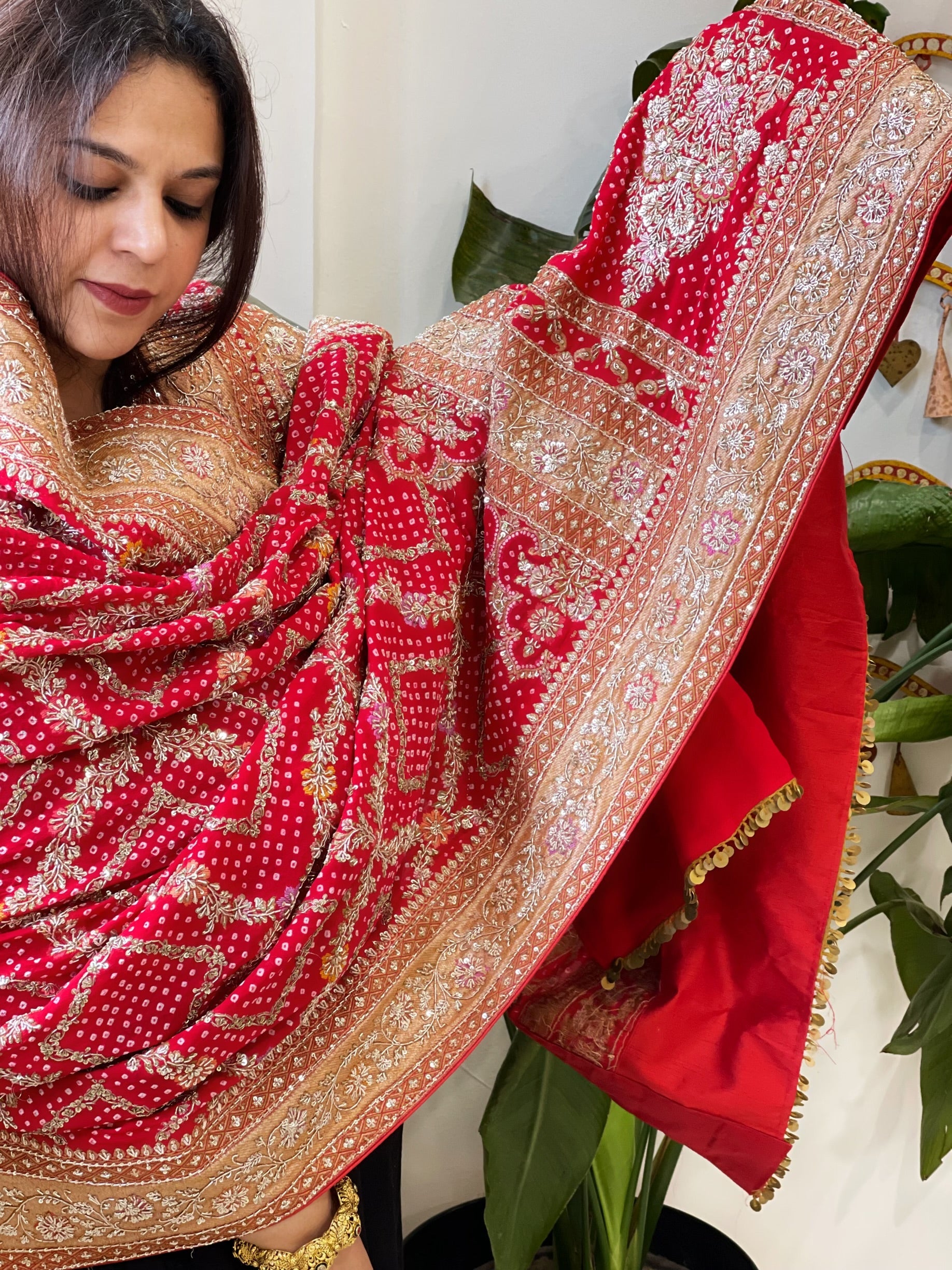 Red Handwoven NeemZari Bareek Bandhani with Meenakari and Dabka Handwork in Pure Georgette - Masakalee