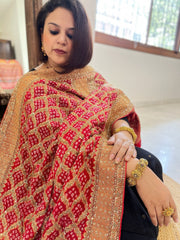 Red Handwoven NeemZari Bareek Bandhani with Meenakari and Dabka Handwork in Pure Georgette - Masakalee