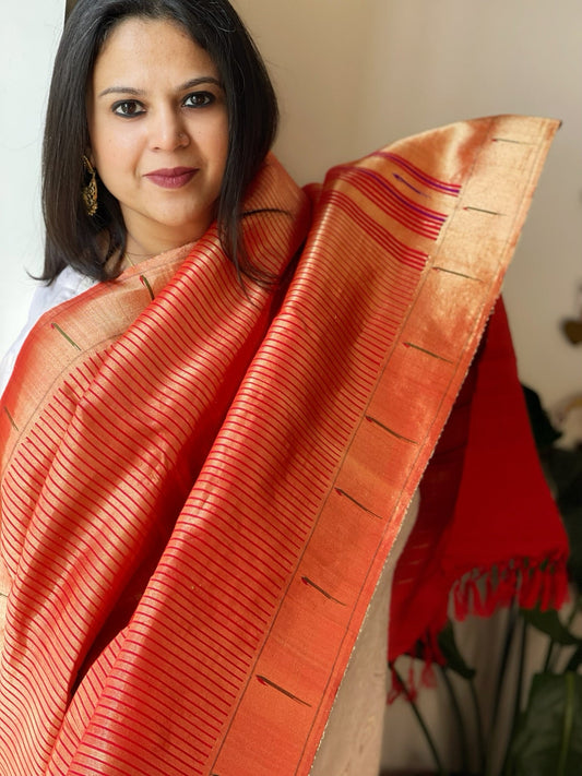 Red Handwoven Paithani Dupatta in Pure Silk - Masakalee