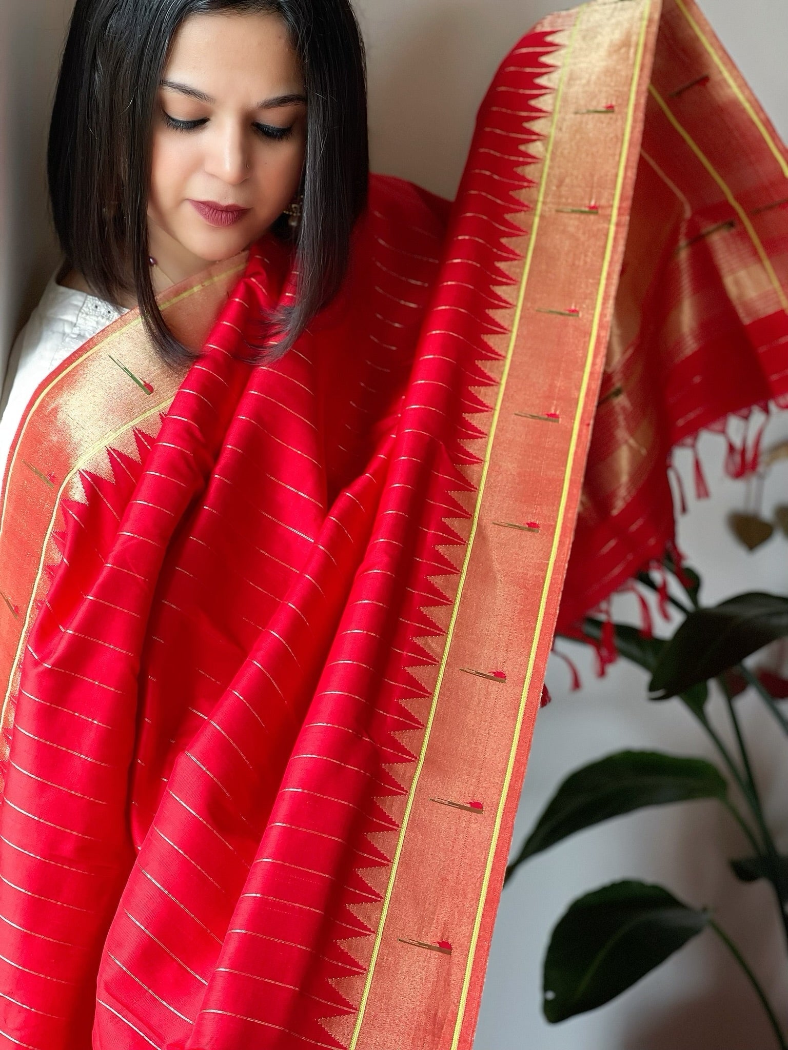 Red Handwoven Paithani Dupatta in Pure Silk - Masakalee