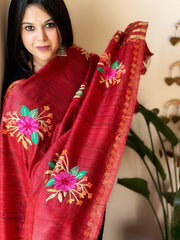 Red Kashmiri Aari Embroidered Dupatta in Geecha Silk - Masakalee