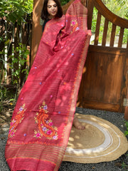 Red Kashmiri Aari Embroidered Dupatta in Geecha Silk - Masakalee