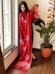 Red Kashmiri Aari Embroidered Dupatta in Geecha Silk - Masakalee