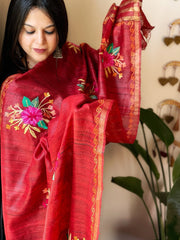 Red Kashmiri Aari Embroidered Dupatta in Geecha Silk - Masakalee