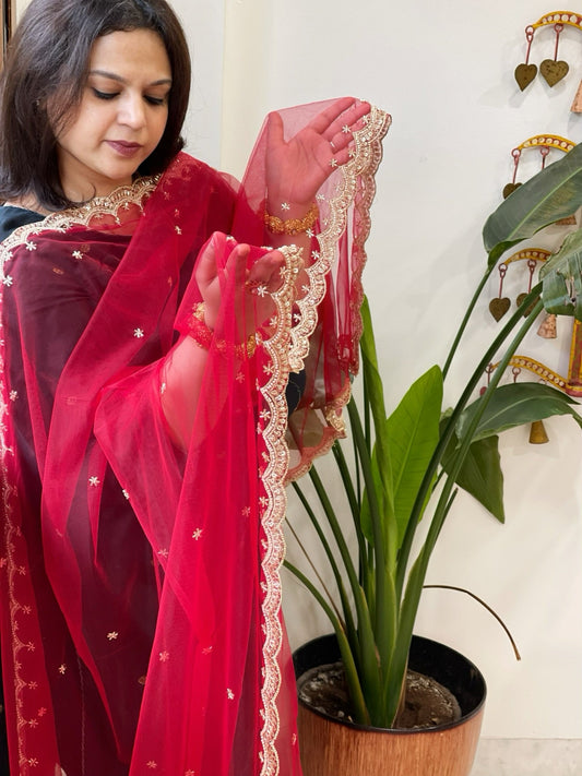 Red Net Dupatta with Pearl, Sequin and Cut Daana Embroidery - Masakalee