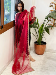 Red Net Dupatta with Pearl, Sequin and Cut Daana Embroidery - Masakalee