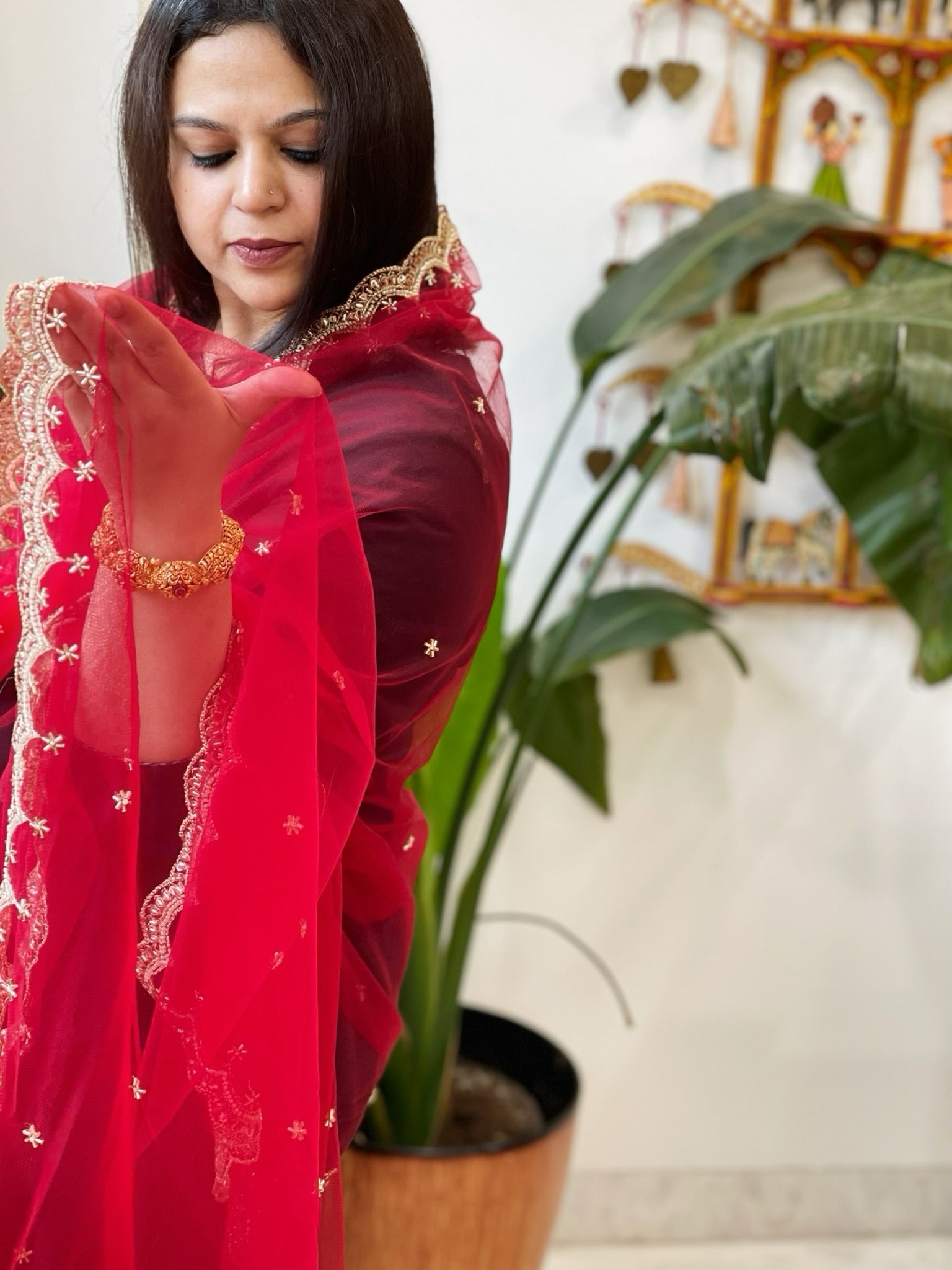 Red Net Dupatta with Pearl, Sequin and Cut Daana Embroidery - Masakalee