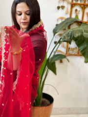 Red Net Dupatta with Pearl, Sequin and Cut Daana Embroidery - Masakalee