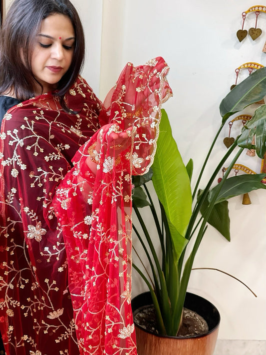 Red Net Dupatta with Sequin and Cut Daana Embroidery - Masakalee