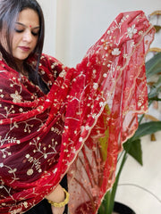 Red Net Dupatta with Sequin and Cut Daana Embroidery - Masakalee