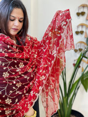 Red Net Dupatta with Sequin and Cut Daana Embroidery - Masakalee