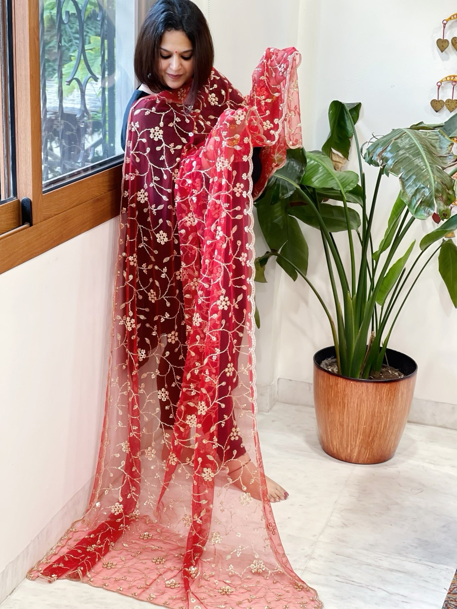Red Net Dupatta with Sequin and Cut Daana Embroidery - Masakalee