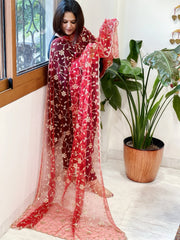 Red Net Dupatta with Sequin and Cut Daana Embroidery - Masakalee