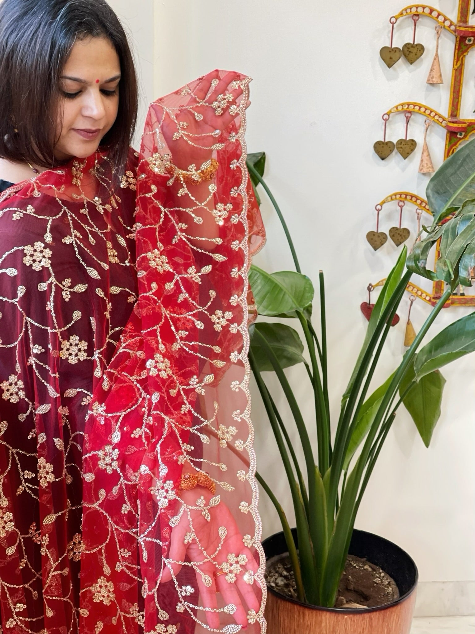 Red Net Dupatta with Sequin and Cut Daana Embroidery - Masakalee