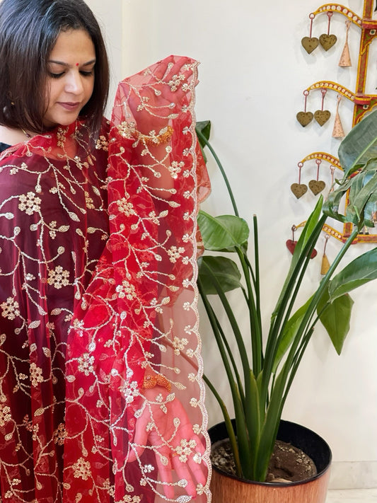 Red Net Dupatta with Sequin and Cut Daana Embroidery - Masakalee