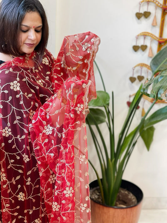Red Net Dupatta with Sequin and Cut Daana Embroidery - Masakalee