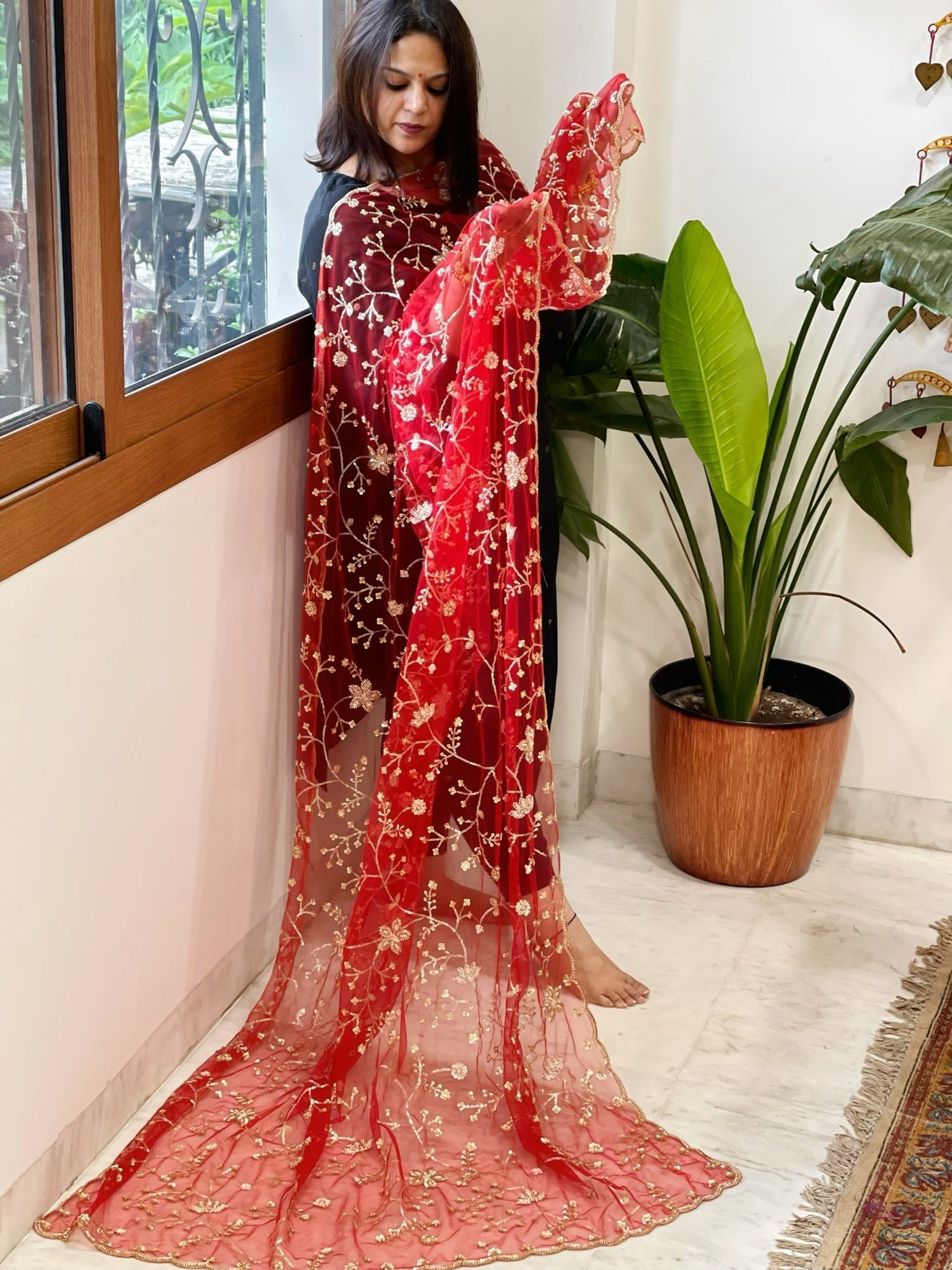 Red Net Dupatta with Sequin and Cut Daana Embroidery - Masakalee