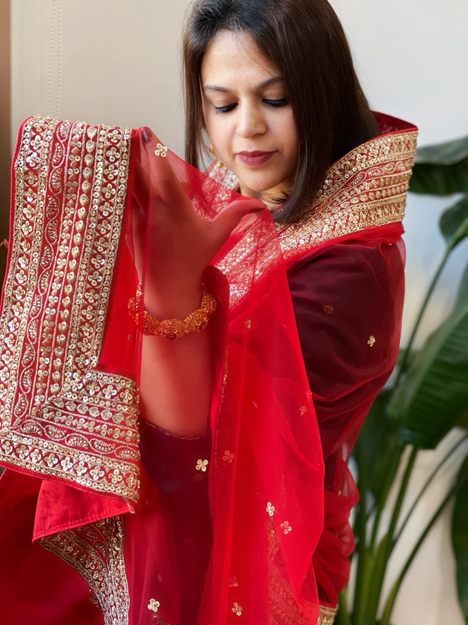 Red Net Dupatta with Sequin Butas and Heavy Embroidered Border - Masakalee