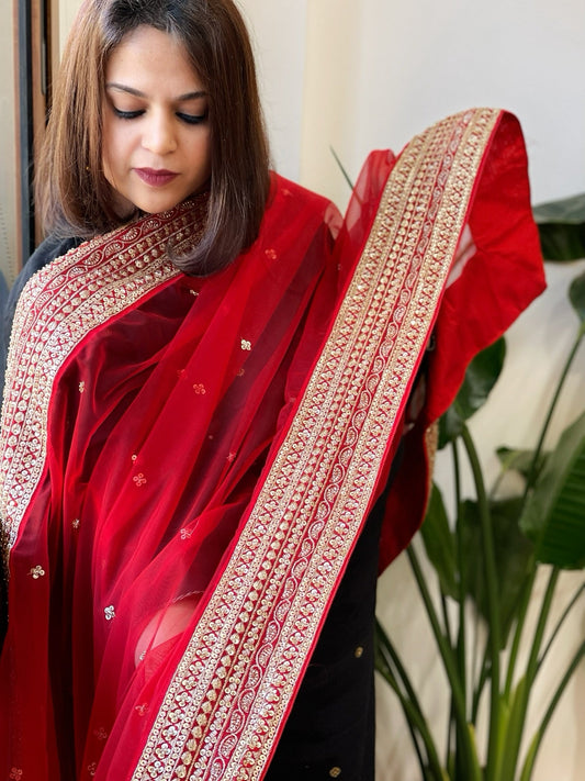 Red Net Dupatta with Sequin Butas and Heavy Embroidered Border - Masakalee