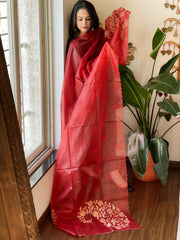 Red Organza dupatta with Applique Work - Masakalee