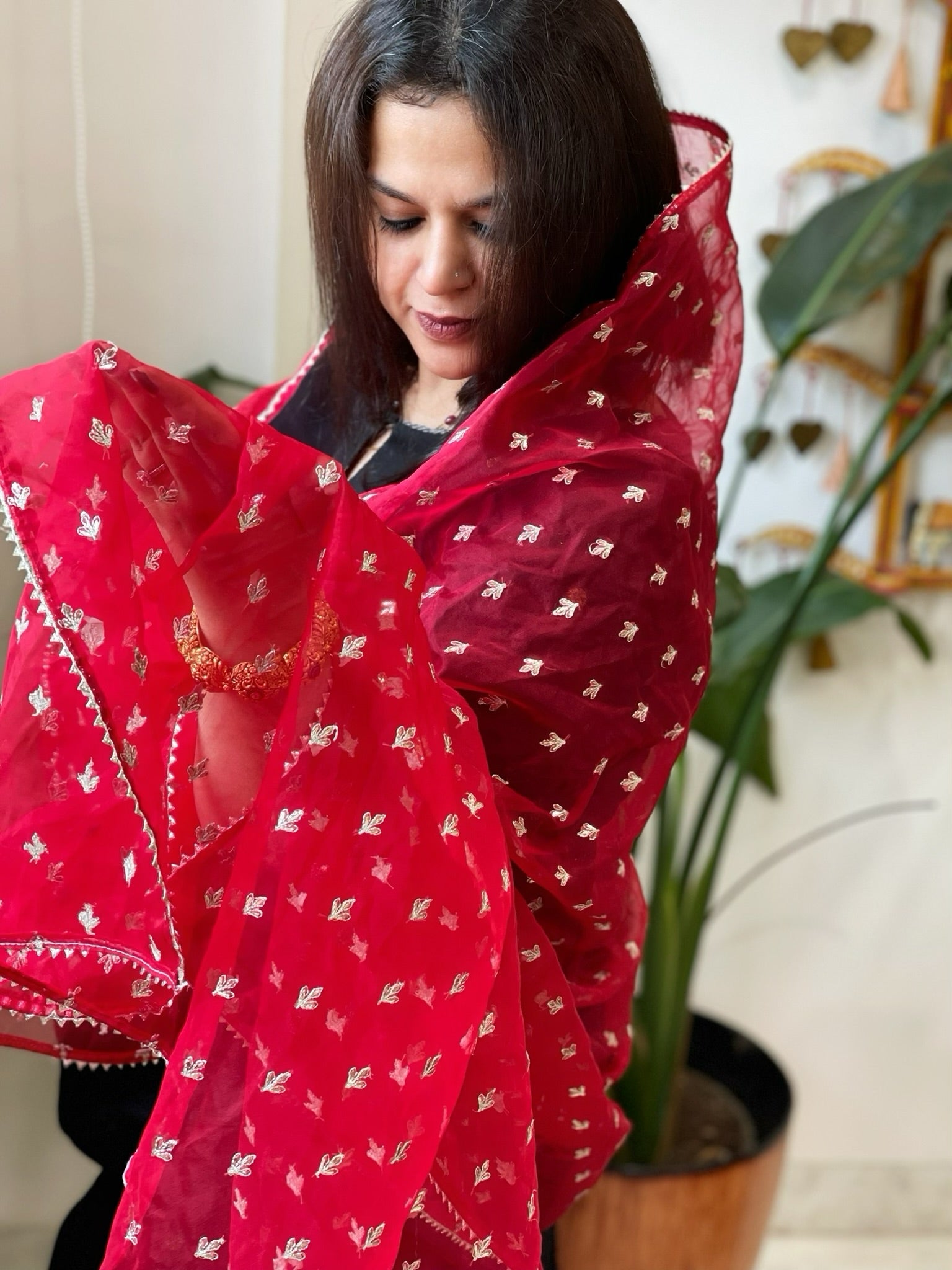 Red Organza Dupatta with Pitta Work Butas and Gota Lace Border - Masakalee