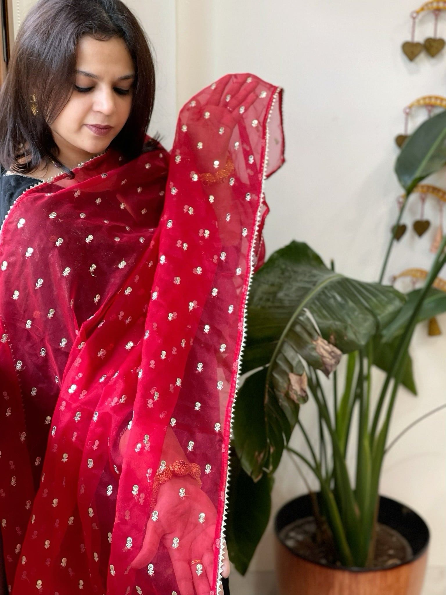 Red Organza Dupatta with Pitta Work Butas and Gota Lace Border - Masakalee