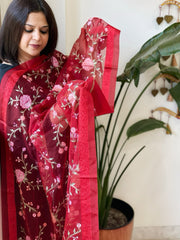 Red Organza Dupatta with Thread Embroidery - Masakalee