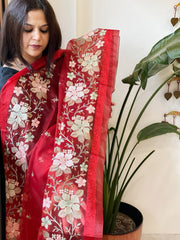 Red Organza Dupatta with Thread Embroidery - Masakalee