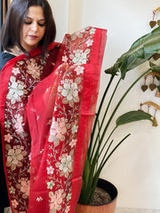 Red Organza Dupatta with Thread Embroidery - Masakalee