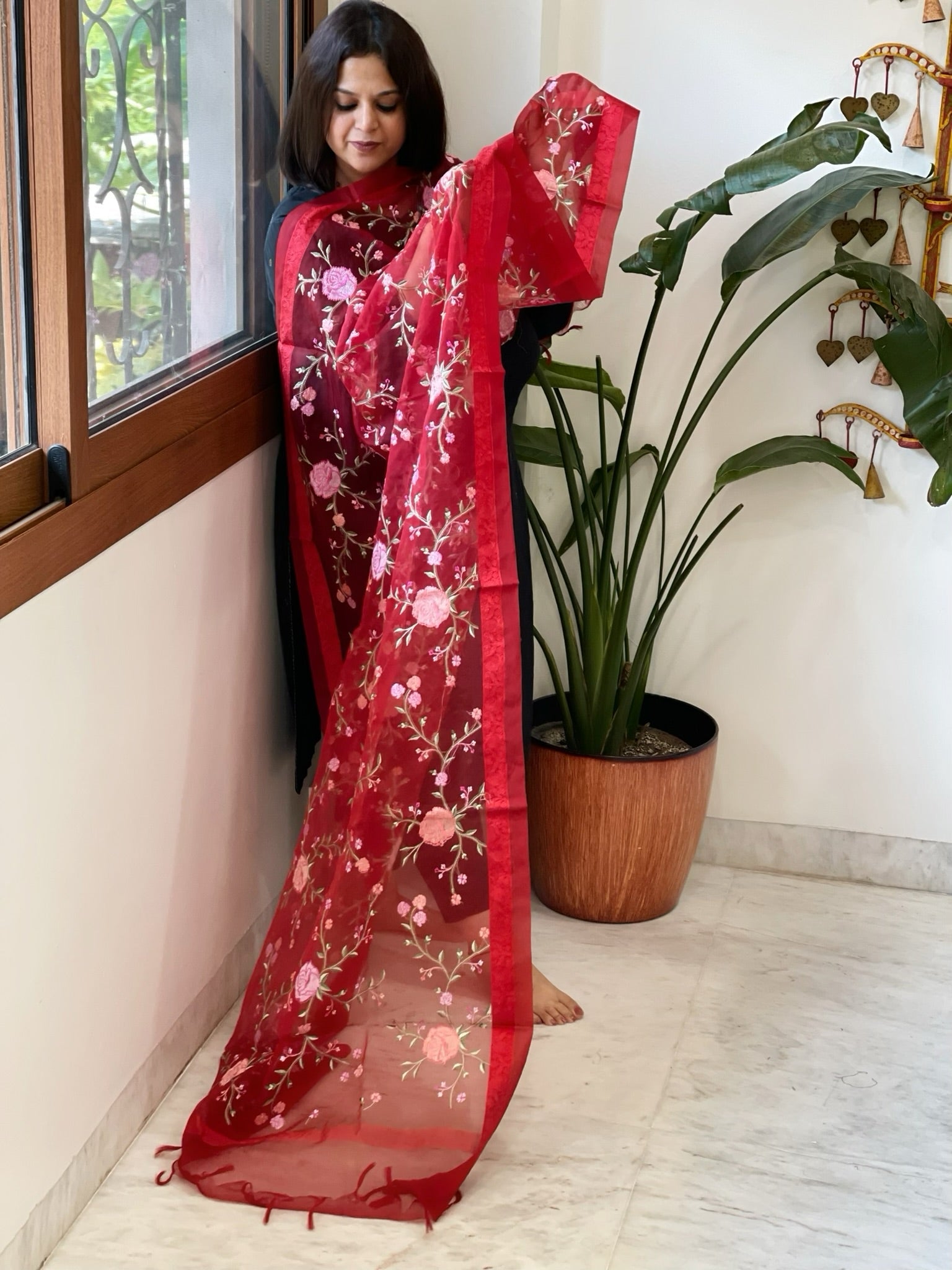 Red Organza Dupatta with Thread Embroidery - Masakalee