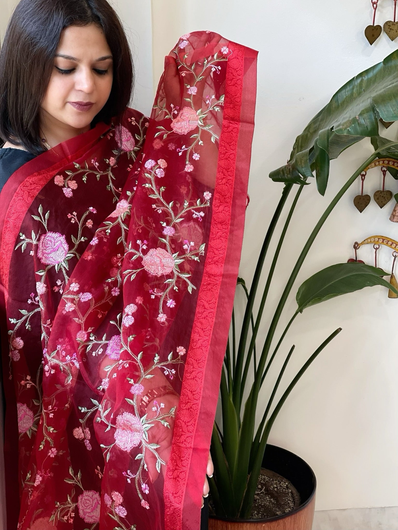 Red Organza Dupatta with Thread Embroidery - Masakalee