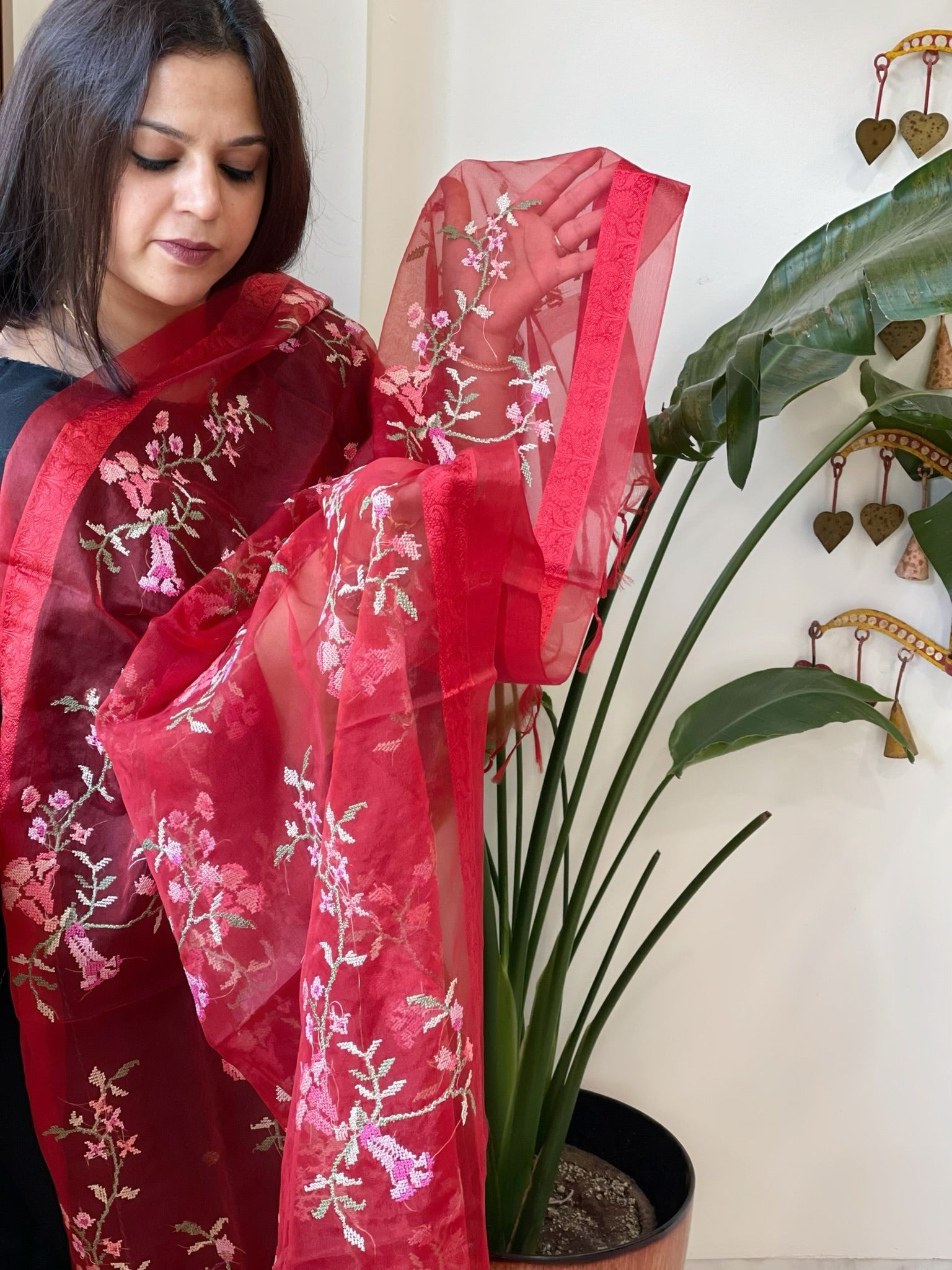 Red Organza Dupatta with Thread Embroidery - Masakalee