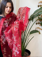 Red Organza Dupatta with Thread Embroidery - Masakalee