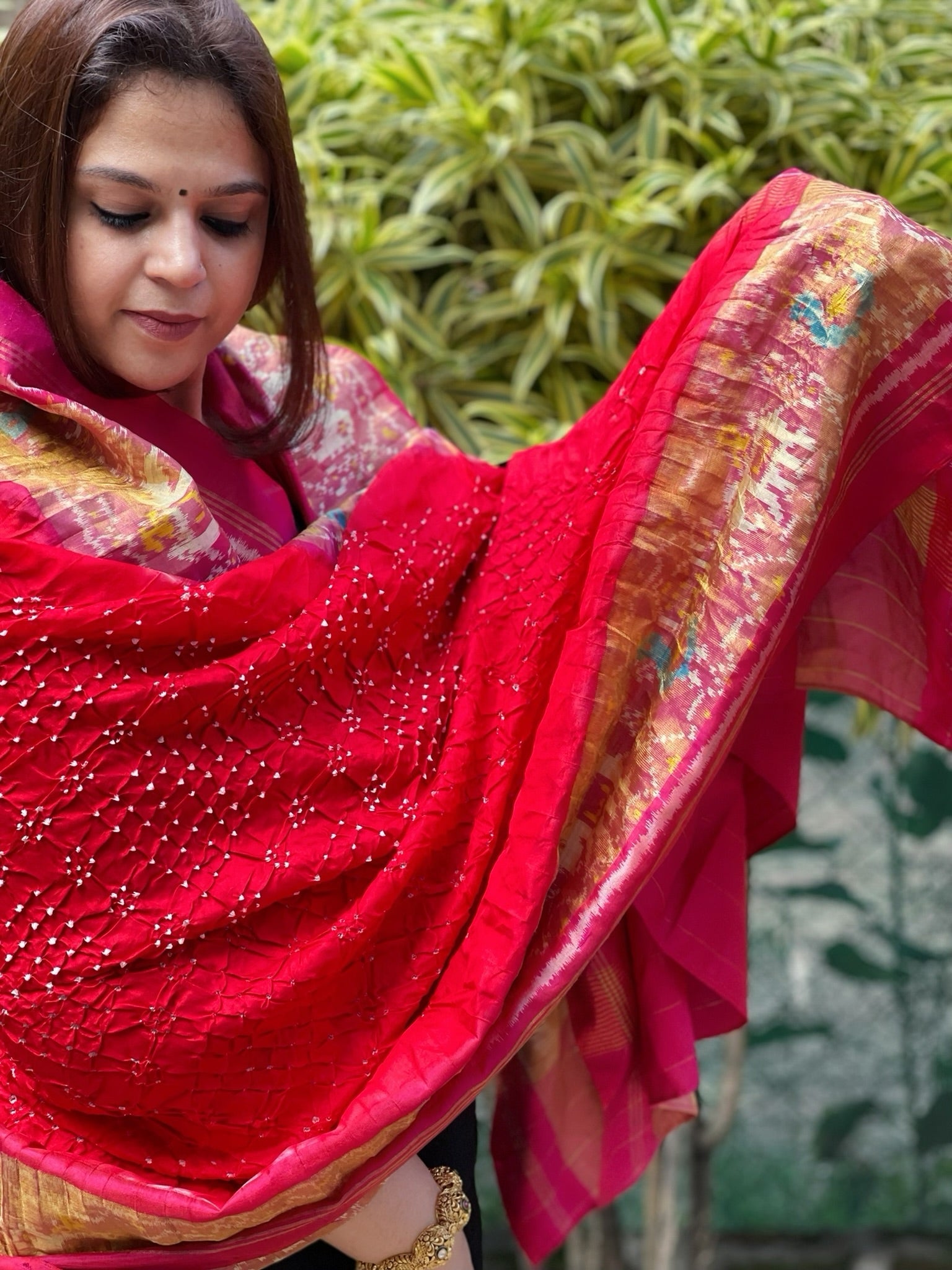 Red, Pink Handwoven Patola with Rai Bandhej Dupatta in Pure Silk - Masakalee
