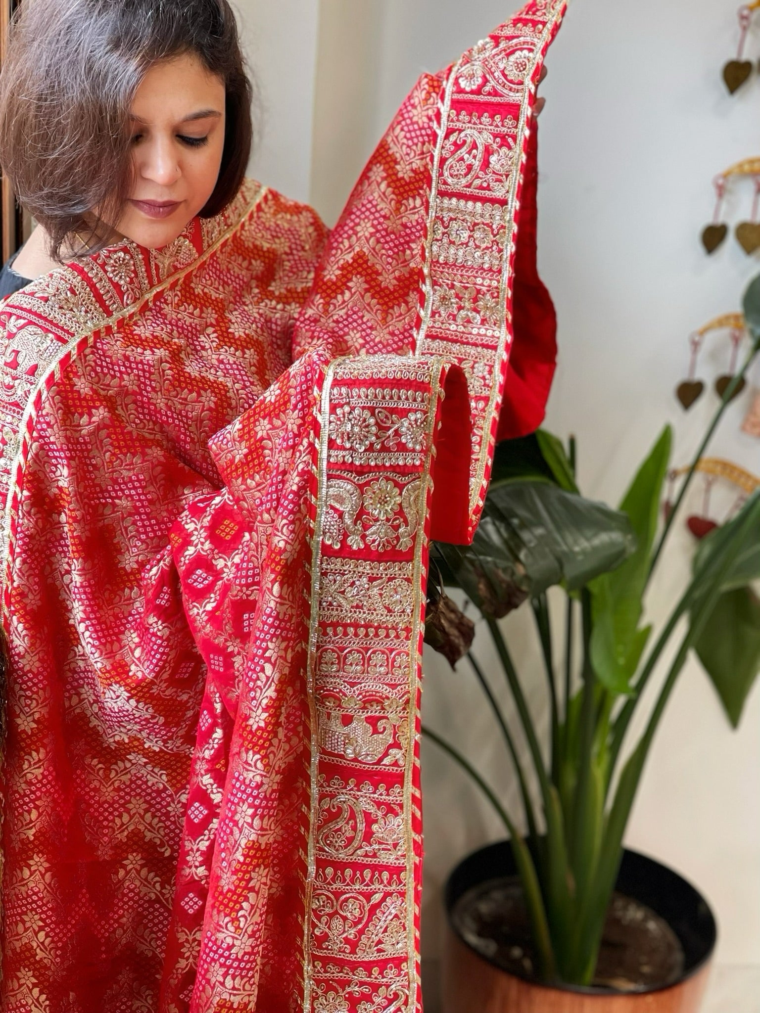 Red, Pink Woven Bandhej Banarasi Dupatta in Fine Georgette with Pearl, Sequin, Dabka Work - Masakalee