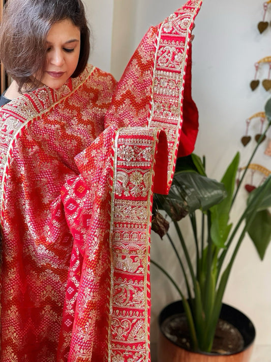 Red, Pink Woven Bandhej Banarasi Dupatta in Fine Georgette with Pearl, Sequin, Dabka Work - Masakalee