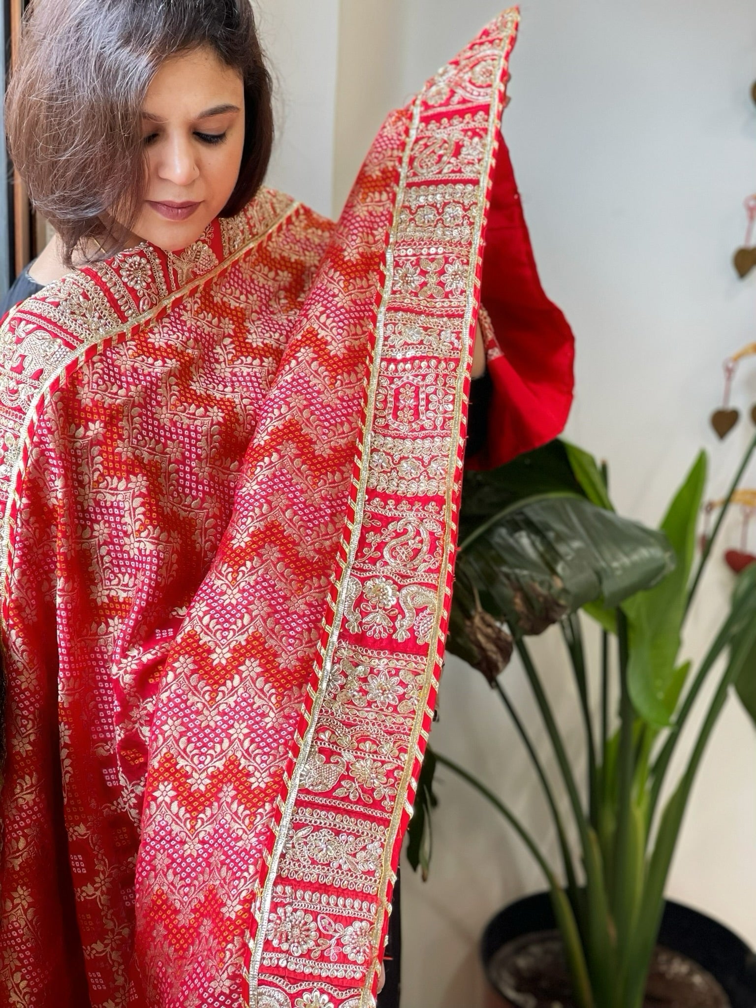 Red, Pink Woven Bandhej Banarasi Dupatta in Fine Georgette with Pearl, Sequin, Dabka Work - Masakalee