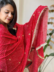 Red Printed Bandhej Chinon Dupatta with Sequin Butas and Border - Masakalee